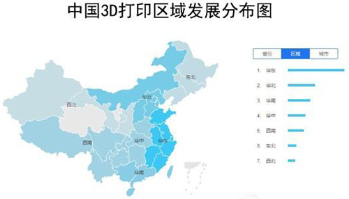 中國3D打印區(qū)域分布圖