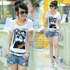 七十二變[FZ D1337T恤]韓版2013夏裝新款女裝修身撞色卡通短袖