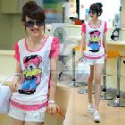 七十二變[SE23299]韓版2013夏裝新款女裝撞色卡通修身圓領(lǐng)短袖T恤